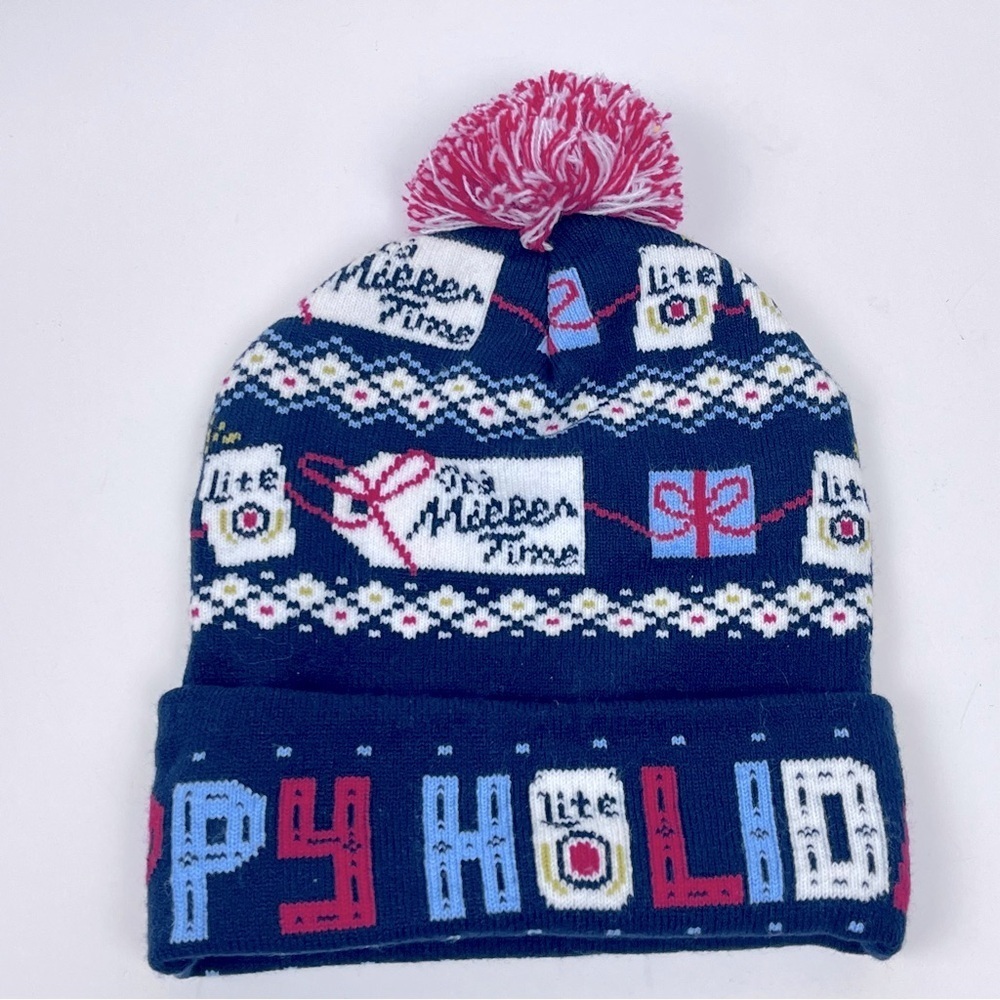 Miller High Life Beer Happy Holidays Knit Pom Pom Beanie OS; Miller Time